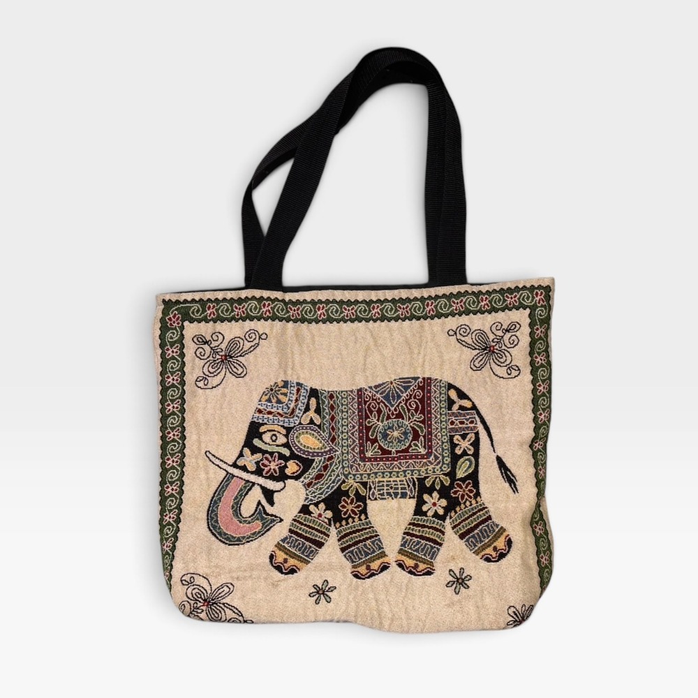 Boho Embroidered Elephant Tote Bag Cream Tapestry Shoulder Bag Hippie Ethnic